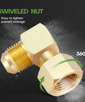 Two Pack 3/8-Inch Flare Swivel Elbow Connector Fittings For Propane Gas And Oil Lines, 90 Degree Male To Female Inverted Flare Brass Couplers, Durable High-Temp Resistant Leak-Free Seals. 360° swivel brass elbow fitting