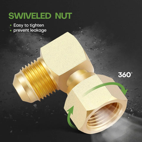 Two Pack 3/8-Inch Flare Swivel Elbow Connector Fittings For Propane Gas And Oil Lines, 90 Degree Male To Female Inverted Flare Brass Couplers, Durable High-Temp Resistant Leak-Free Seals. 360° swivel brass elbow fitting