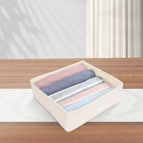 Foldable Beige Closet Storage Basket Straighten Your Space Fast Soft Polyester Cotton Linen Drawer Organizer For Socks Undies And Ties Keep The Mess Low Key Neat with rolled socks and ties.