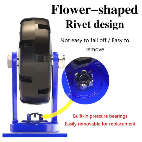 Heavy Duty Rubber Caster Wheels, 4 Pack With Secure Roll Brake, close-up of flower-shaped rivet design and pressure bearings.