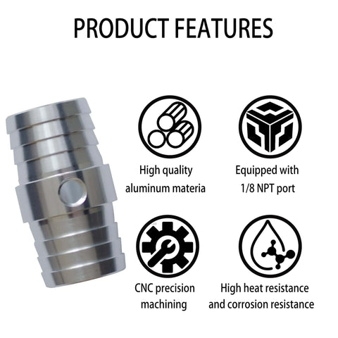 1-1/4 Inch Radiator Hose Barb Coupler With 1/8 Inch NPT Steam Port For LS Swap Cooling System Steam Crossover Splice Replacement Aluminum Direct Fit Upgrade For Your Ride, showing features like CNC machining, durability, and heat resistance.