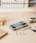 Self-Tapping Screw Set For Wood, Plastic And Thin Sheet Metal Repairs With Durable Storage Case on workbench