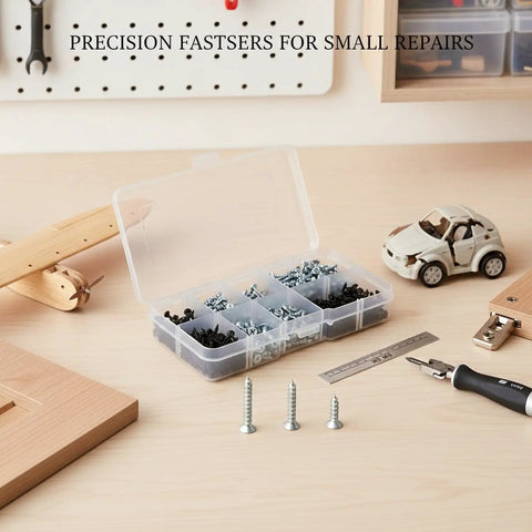 Self-Tapping Screw Set For Wood, Plastic And Thin Sheet Metal Repairs With Durable Storage Case on workbench