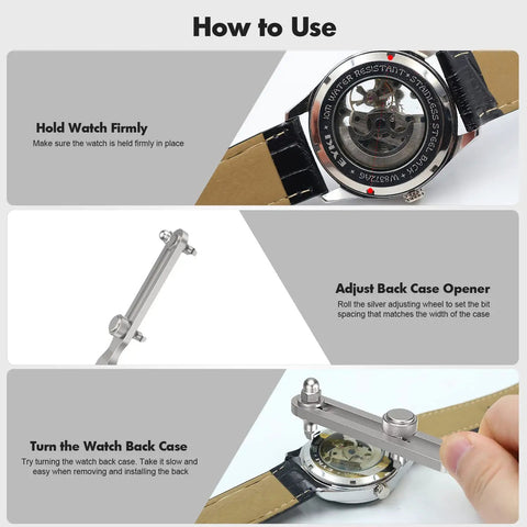How to Use Adjustable Watch Back Opener Tool For Battery Replacement And Repairs; step-by-step guide with images.