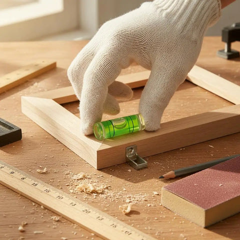 Acrylic Measuring Bubble Level Vial held in a gloved hand, used for checking level on wooden frame during woodworking.