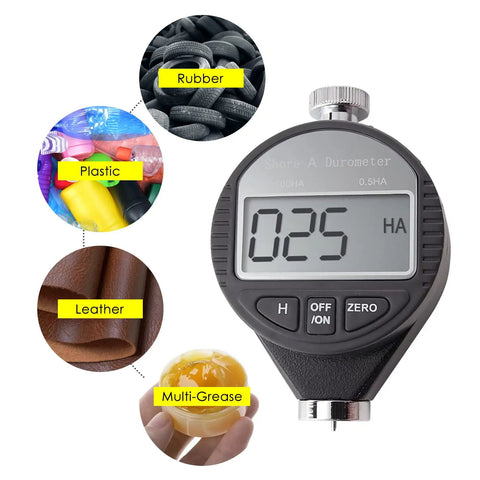 Digital Shore A Hardness Tester Durometer 0 To 100HA Portable With Large LCD Display Surface Hardness Checker shown with material examples