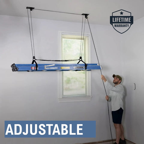 Man using Garage Ceiling Pulley System 2 Pack For Kayaks And Canoes, Heavy Duty Overhead Storage Lift Holds Up To 150 Lbs, 2 To 1 Mechanical Advantage, Ideal For Ladders, Paddleboards, Rooftop Boxes to hang ladder