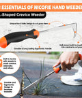Three-Piece Hand Weeder Tool Set With Rubber Handles, Crack Crevice Weeder, Uprooting V-Shaped Weeder, And Four Teeth Digger For Deep Root Removal In Lawn, Garden, Sidewalk Cracks, Easy Pull Weed Tools For Every Gardener, L-shaped crevice weeder