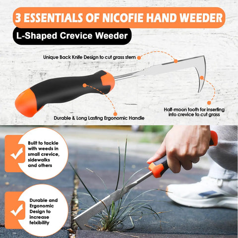 Three-Piece Hand Weeder Tool Set With Rubber Handles, Crack Crevice Weeder, Uprooting V-Shaped Weeder, And Four Teeth Digger For Deep Root Removal In Lawn, Garden, Sidewalk Cracks, Easy Pull Weed Tools For Every Gardener, L-shaped crevice weeder