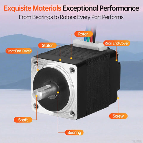 Nema 8 Stepper Motor For DIY Projects 2 Phase 1.8 Degree Step with 10mm shaft and cable, showing annotated parts and materials