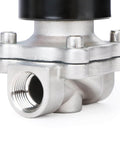 3/4 Inch Stainless Steel Electric Solenoid Valve 12V DC NC For Air Water Fuel With Viton Seals, side view showing inlet port.