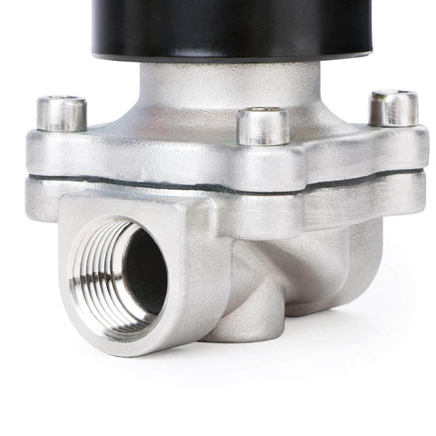 3/4 Inch Stainless Steel Electric Solenoid Valve 12V DC NC For Air Water Fuel With Viton Seals, side view showing inlet port.