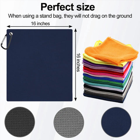 Navy microfiber towel from 3 Pack 16 By 16 Inch Golf Towels For Men On The Go With Carabiner Clip showcased with color options.