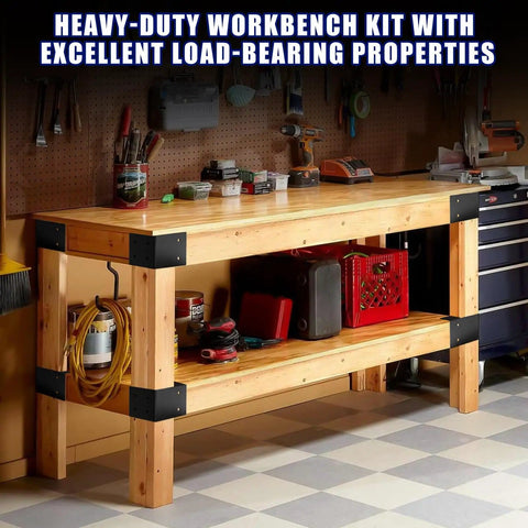 Beefed Up Heavy Duty Steel 2x4 DIY Workbench Kit With 3 Way Right Angle Corner Brackets For Custom Shelving And Sturdy Work Tables Fits Actual 1.5x3.5 Inch Wood in a garage setting.