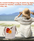 Woman sitting on the beach with Beginner Crochet Bag Kit Complete Starter Set With Yarn, Hooks, Tools And Step By Step Video Tutorials For DIY Tote Bag Crafting Beige Gift For Adults tote.