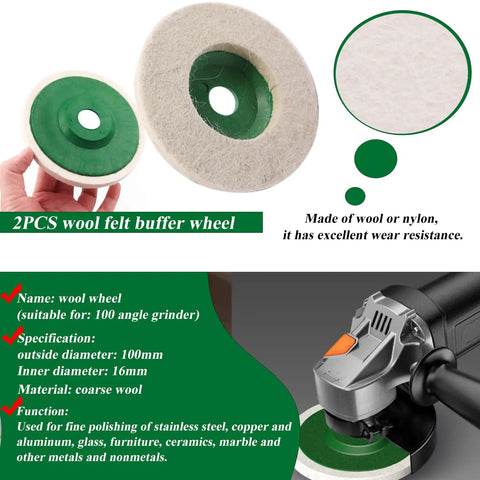 2PCS wool felt buffer wheel from 17 Piece 4 Inch Pro Grade Buffing Wheels Polishing Kit For Angle Grinder With 14 Nylon Fiber Flap Discs And Wool Felt Polishing Wheel Includes 3 Buffing Compounds And Sanding Sponge For Metal Automotive And Stainless Steel Finishing