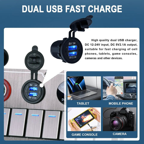 Beefy Aluminum 8 Gang Rocker Switch Panel For Marine Use With Dual USB Ports And Voltmeter Waterproof 12 To 24V close-up
