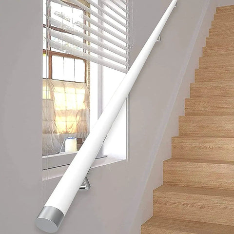 Sleek White Wooden Stair Banister Kit Wall Mounted Handrail For Interior Steps Heavy Duty Safety Grab Rail along wall with stairs.