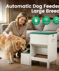 No Sweat Elevated Dog Feeding Station With Heavy Duty Metal Gravity Bowl And Six Liter Automatic Water Dispenser For Active Doggos Up To Fifty Pounds Always, shown with golden retriever