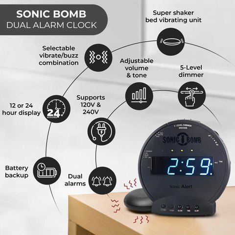Heavy Duty Alarm Clock For Stubborn Sleepers With Rock Solid Bed Shaker Glaring Red Strobe Lights Serious Sonic Punch Adjustable Dual Morning Wake Calls With Backup Battery Reserve