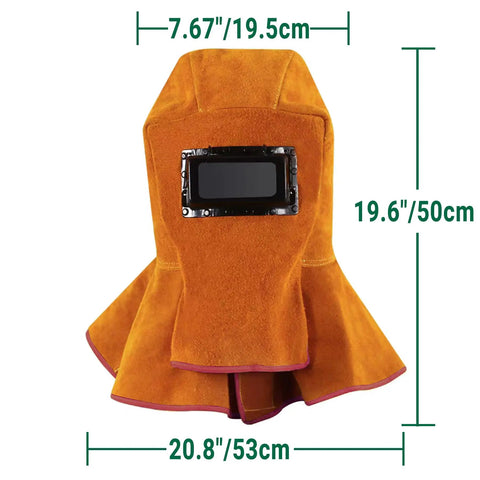 Auto Darkening Welding Helmet With Flip Open Lens Leather Neck Drape Full Head Cover Cowhide Shield For Men And Women Safe Sparks Resistant Protection For Welding Grinding And Drilling showing dimensions.
