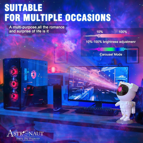 Desk with Cosmic Projector Lamp With LED Night Light For Kids, Spaceman Starry Sky Night Projector beside gaming setup.