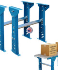 Heavy Duty Adjustable Conveyor Support Legs Two Pack Heights Lock From Twenty Six To Thirty Two Inches with blue finish and straps.