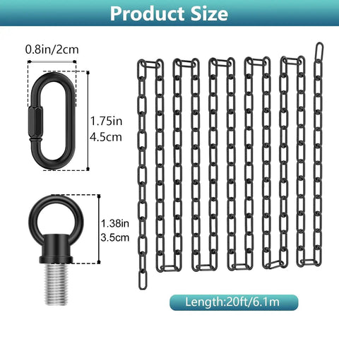 Industrial Black 20 Foot Adjustable Light Fixture Chain With Connection Locks For Hanging Ceilings, 20ft length, detailed dimensions