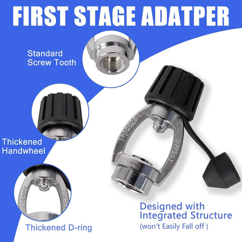 Scuba Regulator DIN To Yoke Adapter With Dust Cap For First Stage Conversion, highlighting features like handwheel and D-ring.