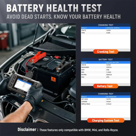 2-In-1 BMW Diagnostic Scanner And 12V Battery Tester with charging system test in progress on BMW vehicle battery.