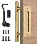 12 Inch Gold Barn Door Handle Set With Round Pull, Flat Finger Pull, Hook Lock, Eye Latch And Flush Sliding Hardware Kit
