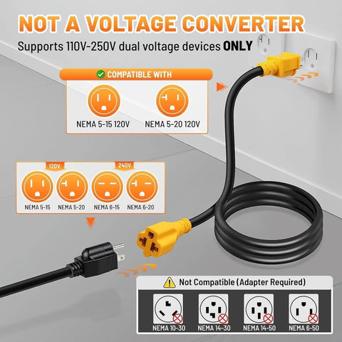 Built Tough 10 Ft Ac Power Adapter Cord 15 To 20 Amp Nema 5 15P To 5 15R 5 20R 6 15R 6 20R T Blade Splitter compatibility chart.