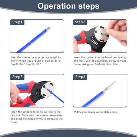 Steps showing the use of crimp tool from the All In One Deutsch DT Connector Kit With 2 3 4 6 8 12 Pin Plugs Crimp Tool For 14 20 AWG Wires