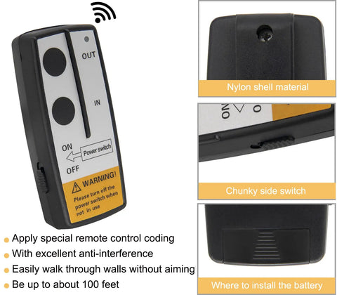 Wireless Winch Remote Control Kit 12V Handset Switch Controller with 100 foot range for ATV Truck Jeep SUV, nylon shell, rubber buttons.