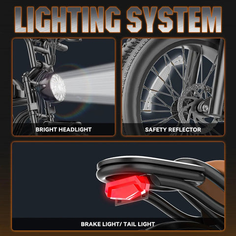Lighting system on High Power 2500W Peak Electric Fat Bike For Adults With 32 MPH Top Speed 100 Mile Range 48V 20Ah Battery