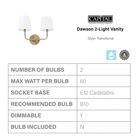Dawson Decorative White Fabric Stay Straight Shade Bathroom Vanity Wall Mount Light Fixture 2 Light 120 Total Watts