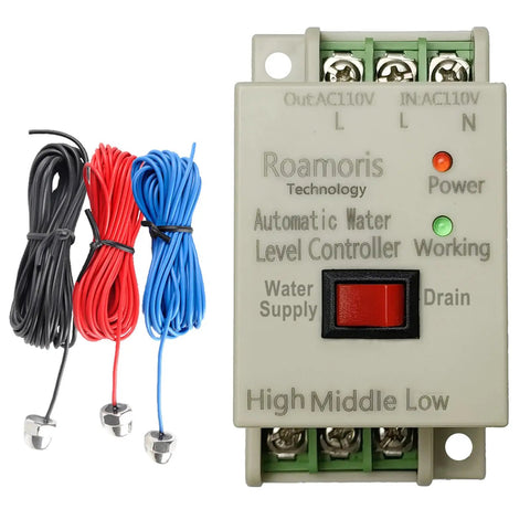 Dual Mode Water Level Relay for 110 to 120V Power with 6.5 ft detector sensor, sump pump switch control visible with wires and sensors