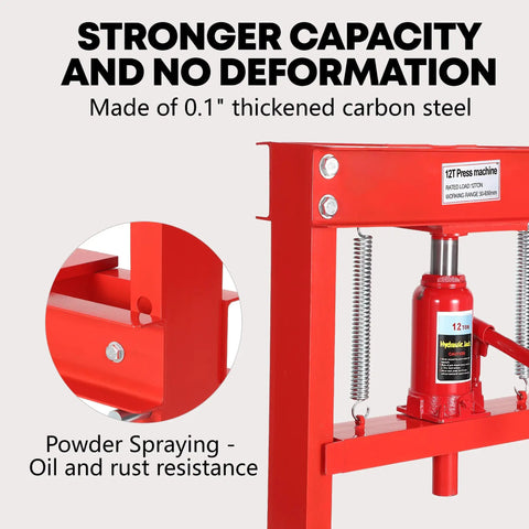 12 Ton Hydraulic H Frame Shop Press Heavy Duty Steel Work Stand with thickened carbon steel and powder spraying for rust resistance.