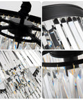 Close-up of K9 crystal and black frame detail on Black Crystal Chandelier Pendant Lighting, 2 Tier Modern Round Ceiling Fixture.