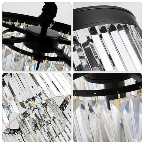 Close-up of K9 crystal and black frame detail on Black Crystal Chandelier Pendant Lighting, 2 Tier Modern Round Ceiling Fixture.