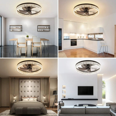 Low Profile Fandelier Ceiling Fan With Light And Remote, 19.7 Inch Flush Mount, Bladeless LED Smart Dimmable Lighting System in various rooms