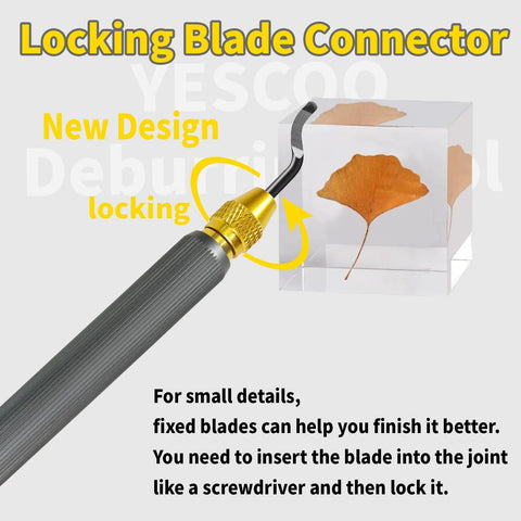 YESCOO deburring tool with 360-degree rotating blade and gray anti-slip handle; includes 10 extra HSS blades