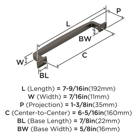 Diagram of Westerly Graphite Cabinet Pull 6-5/16 Inch Center-To-Center, 7-9/16 Inch Overall, with detailed measurements and labels.