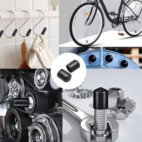Collage of 40 Piece Rubber End Cap Set In Black Vinyl Four Sizes 0.125 Inch 0.25 Inch 0.375 Inch And 0.5 Inch Round Tip Caps used on various tools and machinery.