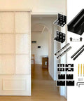 Hidden Sliding Mirror Closet Door Track Kit For Narrow Openings, installed with barn style hardware, black aluminum track