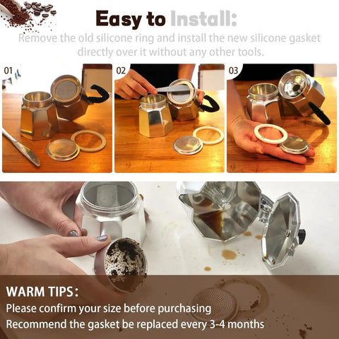 Stovetop Espresso Gasket Seal Ring Set For Aluminum Moka Pots Food Grade Silicone Replacement 6 Cup 8 Pieces installation guide.