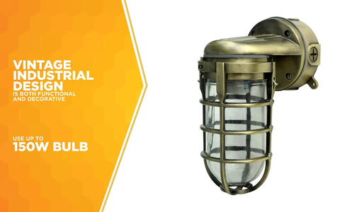 Industrial 100W Incandescent Wall Mount Light in Antique Brass, Built Tough Weatherproof Metal Die Cast Construction With Tempered Glass Lens And Protective Cage, Indoor Outdoor Lighting Fixture For Dwellings Shops And Patios