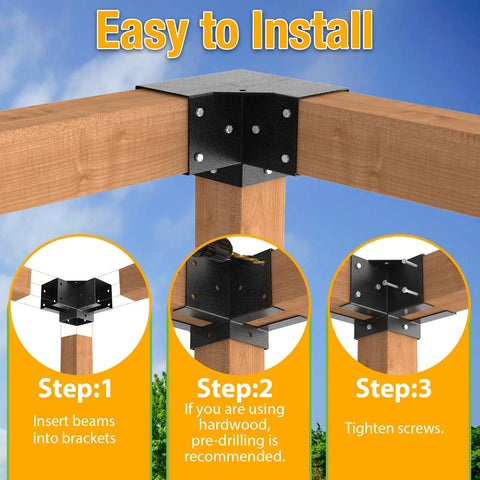 Beefed Up 4x4 3 Way Pergola Brackets Kit For Gazebos And Patios, Corner Brackets For Wooden Beams, Fits Standard 3.65 By 3.65 Posts, Outdoor Deck And Log Cabin Construction, 4 Pieces