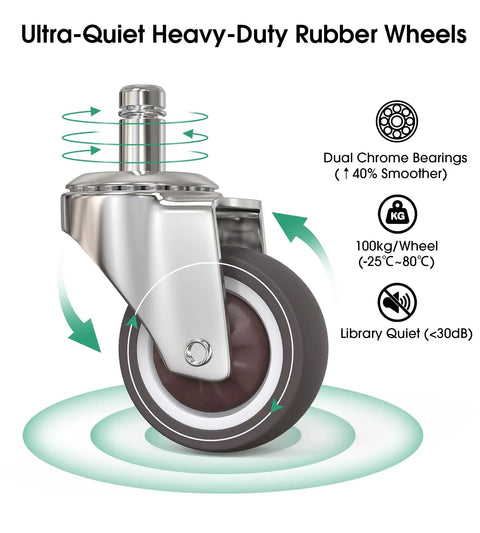 Close-up of rubber wheel from Low Profile Rolling Stool With 360 Degree Rubber Wheels, Heavy Duty 450 Lb Capacity, steel and chrome parts.