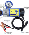 AIGMISON 12V 100W engine oil pump front view; electric oil change extractor with 3 hoses, blue body, copper battery clips